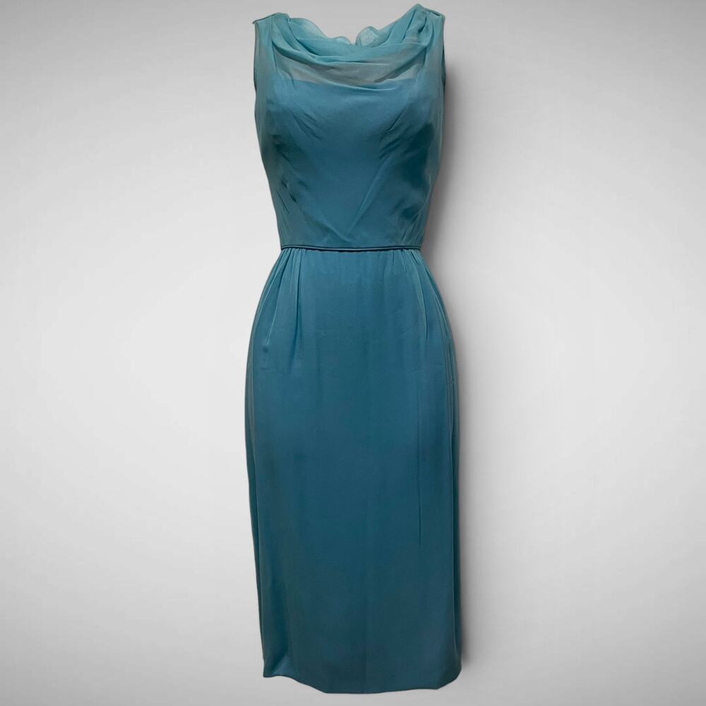Vintage Lee Claire New York Blue Chiffon Sheath Cocktail Dress Cowl Neck XXS XS